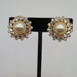Vintage Roman Faux Pearl Rhinestone Gold Tone Clip On Earrings